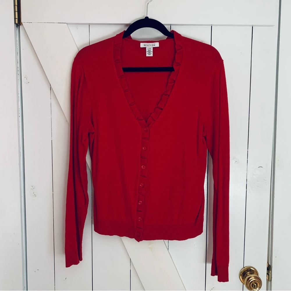 Bright Red Sweater V-Neck Sweater Button Down Sweater Ruffle Hem Sweater